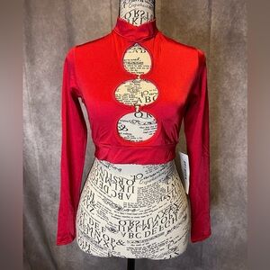 Roma Red Long-Sleeve Crop Top with Triple Front Cutouts. NWT